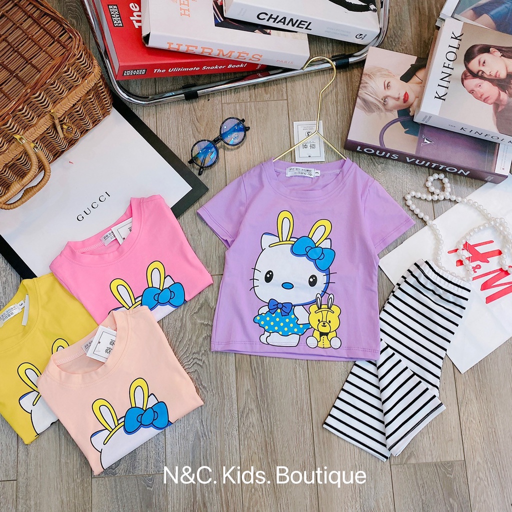 Bộ bé gái cotton tầu mèo Kitty quần legging ngố đùi kẻ sọc nhí đại 8-35kg XHN918