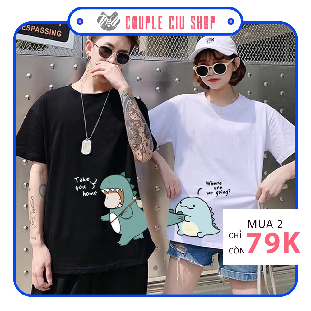 Áo thun (áo phông) cặp đôi dáng unisex Couple Ciu cho nam nữ - Họa tiết khủng long, hai màu đen trắng