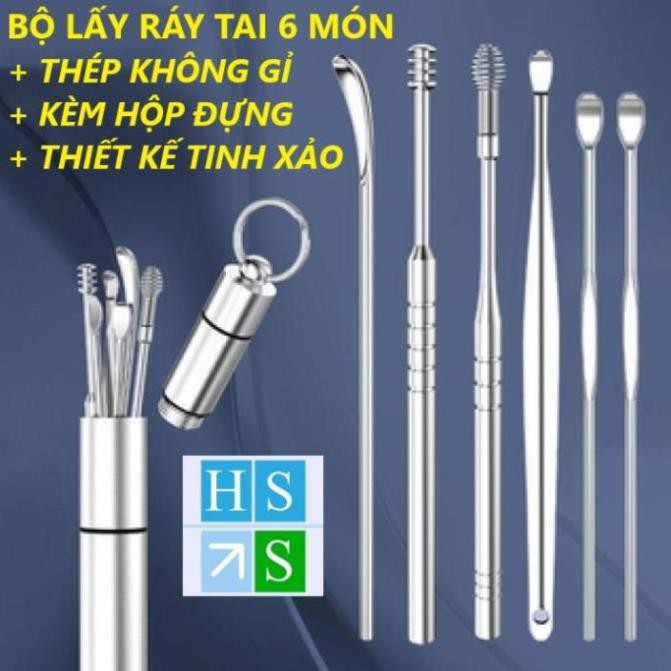 (Bán sỉ) Bộ dụng cụ lấy ráy tai 6 chi tiết THÉP KHÔNG GỈ kèm hộp đựng móc khóa tiện dụng giữ vệ sinh - HS Shop Đà Nẵng