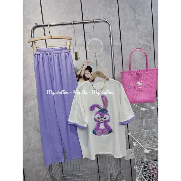 Set áo cotton thỏ tím phối viền tay quần gân xinh xắn P3