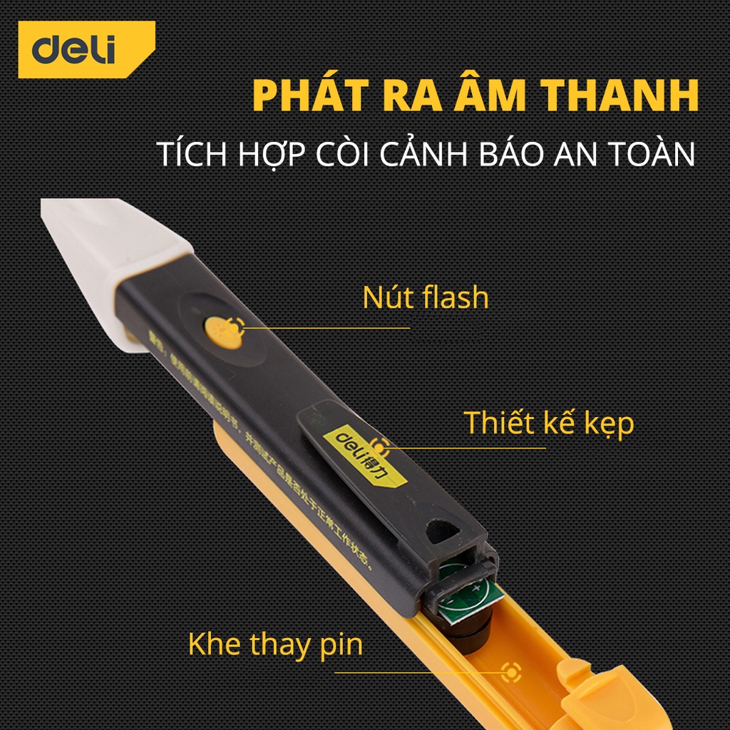 Bút Thử Điện Đa Năng Thông Minh Deli Chính Hãng 90-1000V - Tích Hợp Đèn LED Và Còi Báo Động An Toàn, Tiện Lợi - DL8008