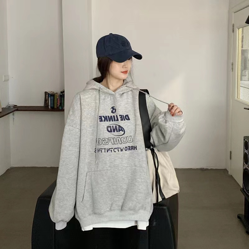 【ZHELIHANGFEI】Áo Hoodie Tay Dài Dáng Rộng In Chữ Cá Tính Thời Trang