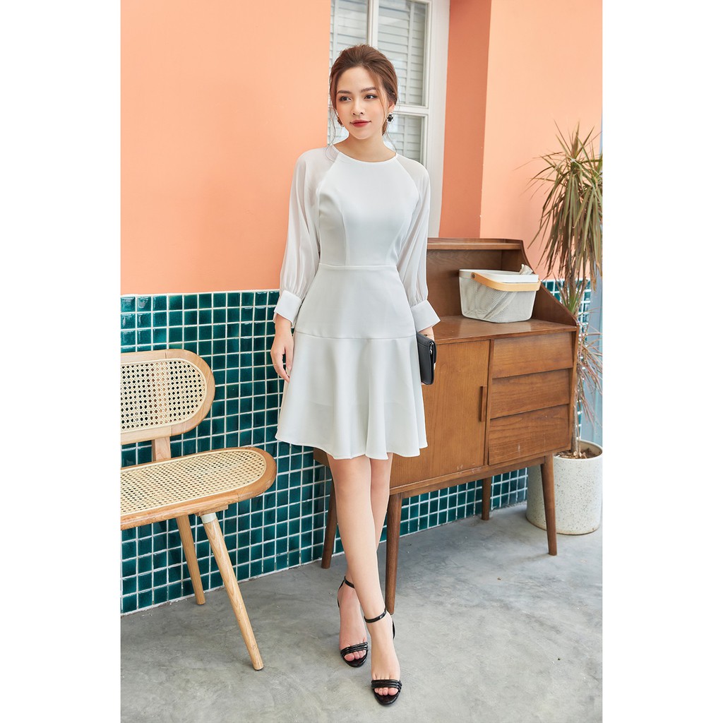 Đầm xòe dài tay vải tuýt phối voan - 20Again | BigBuy360 - bigbuy360.vn