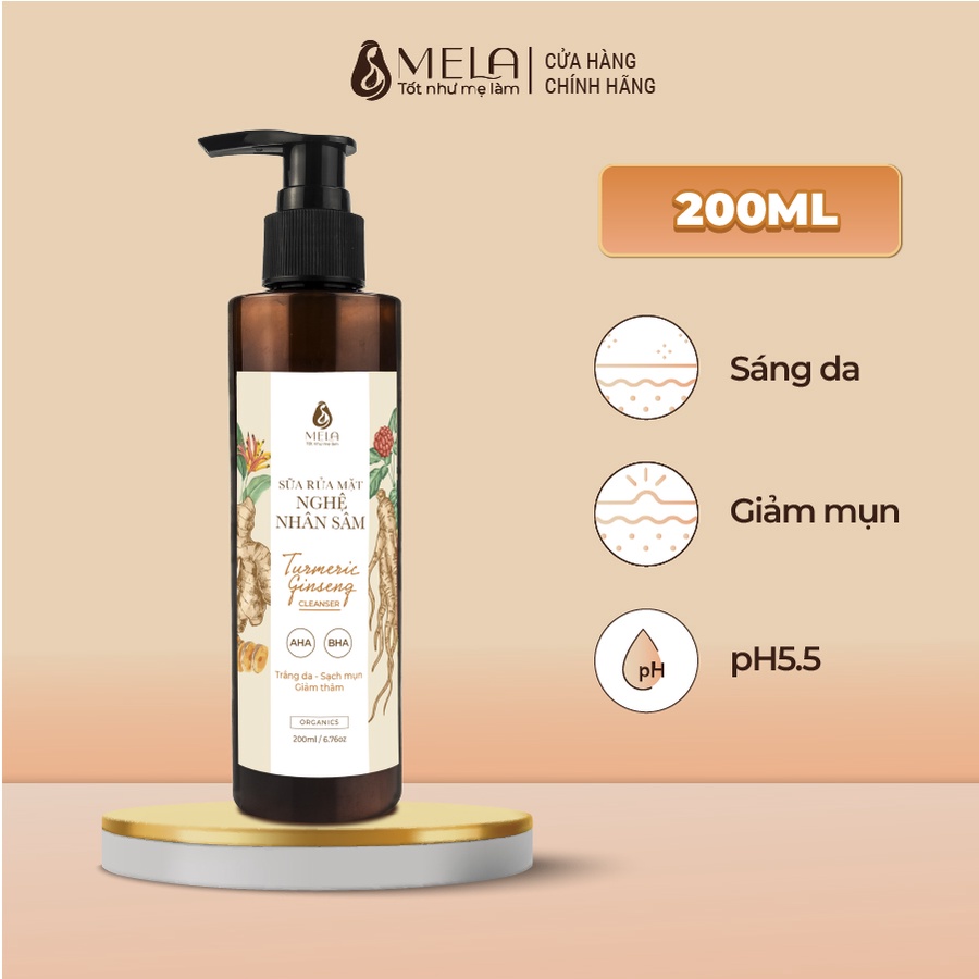 Sữa Rửa Mặt Nghệ Nhân Sâm MELA Làm Sạch Dịu Nhẹ Giảm Mụn Sáng Da, Giảm Thâm Và Cân Bằng PH 200ml - ML08