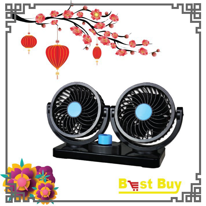 Quạt đôi mini thông minh 12V thông gió cho xe hơi xe tải xoay 360 độ