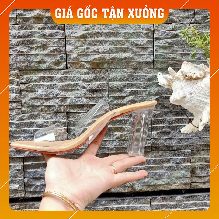 Guốc cao gót 2 quai trong suốt mũi vuông 9 phân