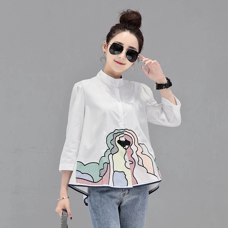 Áo nữ tay dài họa tiết thêu thời trang phong cách Hàn Quốc