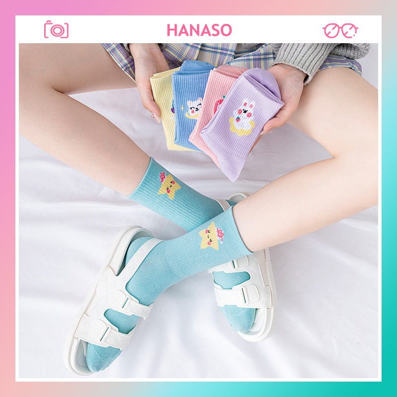 Tất nữ cổ cao Hàn Quốc kèm họa tiết đáng yêu vớ chân dài chất cotton siêu mềm co giãn 4 chiều thoáng khí HANASO TD026