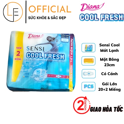 [Gói Lớn 20+2 Miếng] Băng vệ sinh Diana Sensi Cool Fresh Mát Lạnh Mặt Bông 23cm Có Cánh