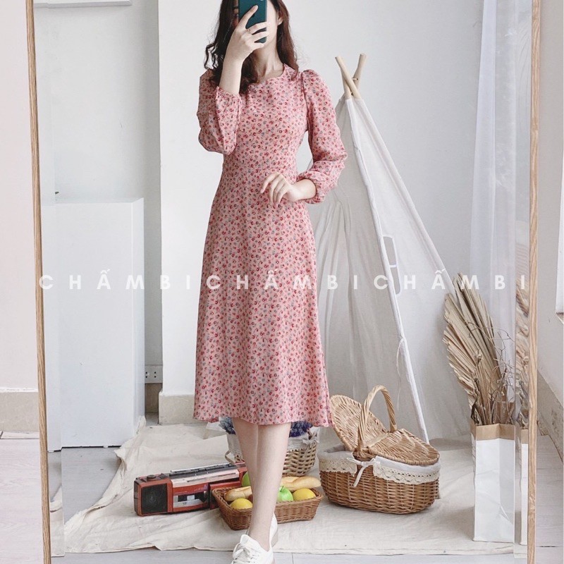 [Hàng sẵn] VÁY HOA NHÍ DÀI TAY CÓ DÂY THẮT EO HOẠ TIẾT HOA CỎ
