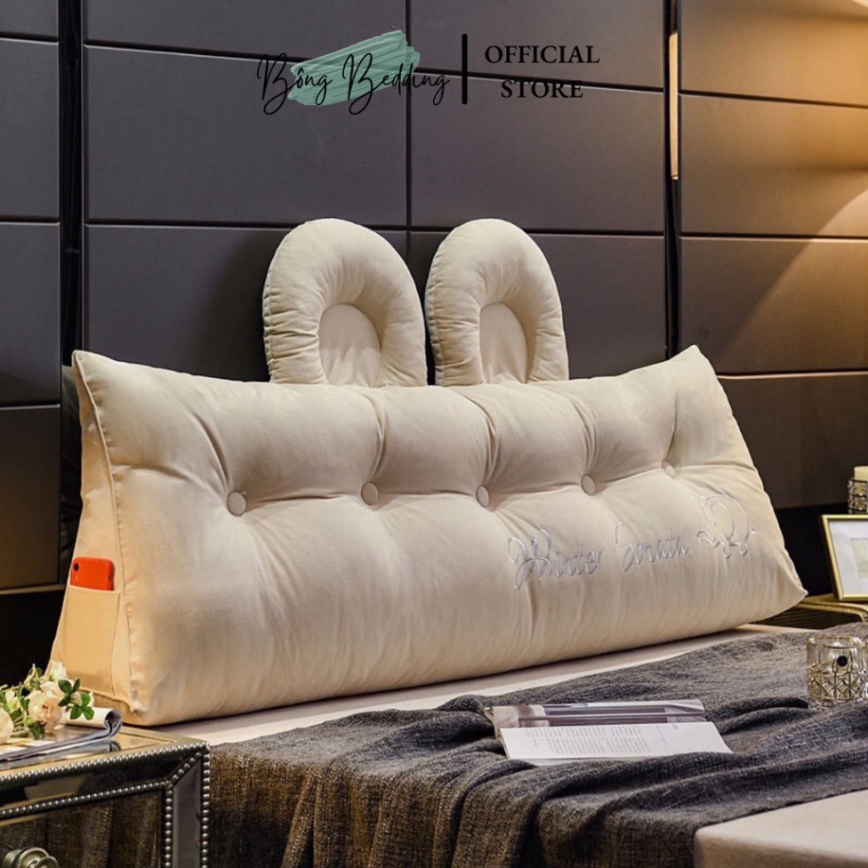 Gối Tựa Đầu Giường HIN BEDDING Mẫu Tai Gấu Đính Khuy Bọc Nỉ Cao Cấp Hàng Có Sẵn Kích Thước 1m5 và 1m8 cao 55cm