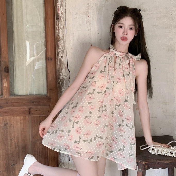 Đầm Chiffon Không Tay Cổ Yếm Dáng Rộng In Họa Tiết Hoa Thời Trang Mùa Hè Hàn Quốc Hàng Mới Quyến Rũ Cho Nữ