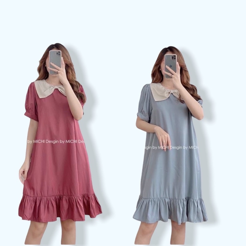 ĐẦM SUÔNG -Váy đũi lụa cổ nơ tay bồng đuôi cá 2 màu cực xinh