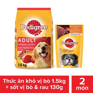 Bộ thức ăn cho chó lớn dạng hạt Pedigree vị bò và rau củ 1.5kg + sốt dành cho chó lớn vị bò rau củ 130g