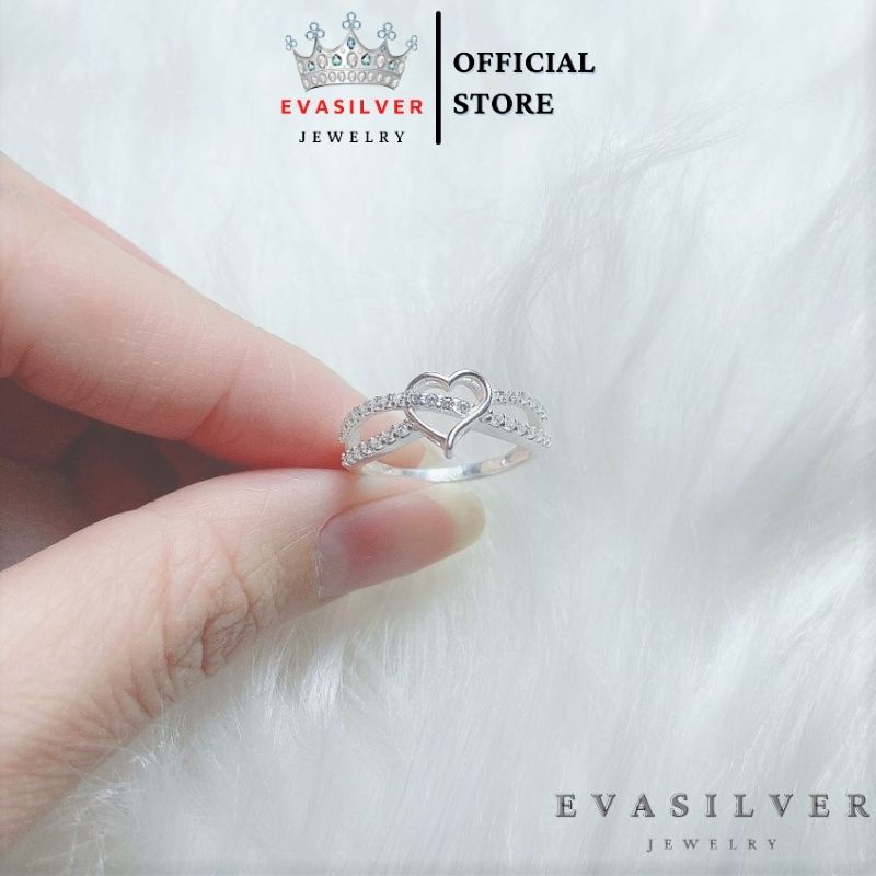 Nhẫn bạc nữ 2 hàng đá đan chéo mặt trái tim, chất liệu bạc ta cao cấp - Trang sức bạc Evasilver