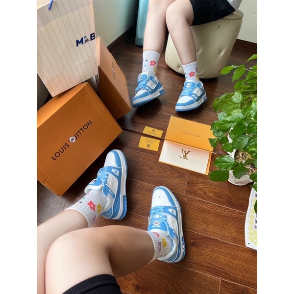 GIÀY LV TRAINER BLUE WHITE TRẮNG XANH DA THẬT LAI AU