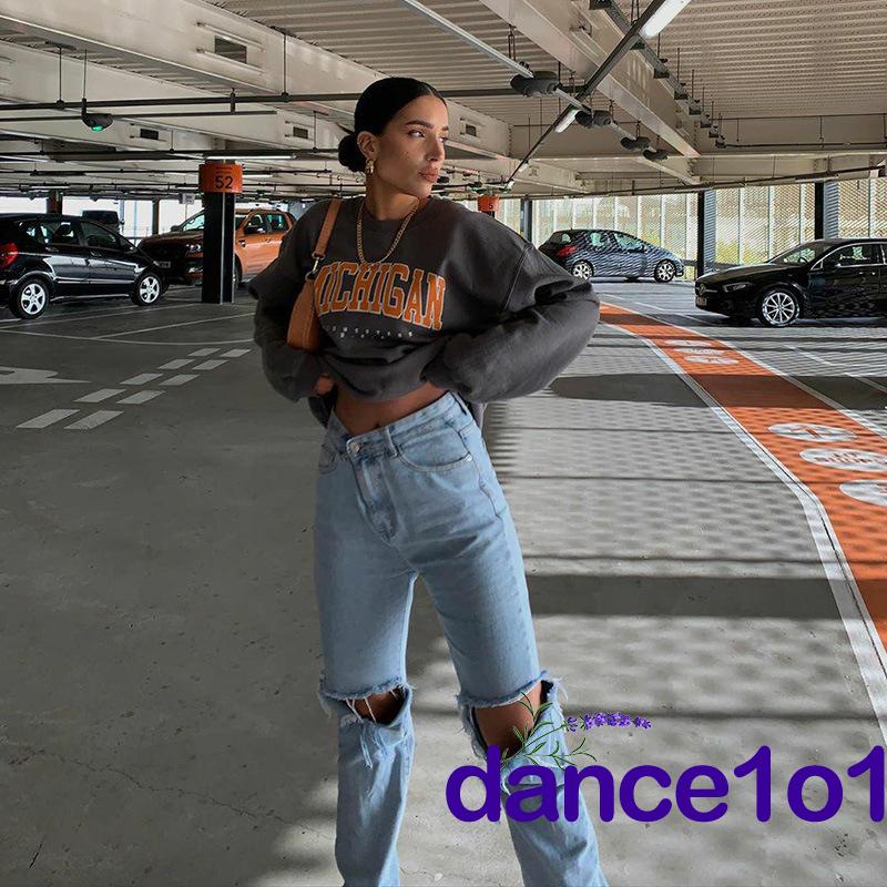 AL Áo sweatshirt baggy dài tay in chữ cái mùa xuân cho nữ