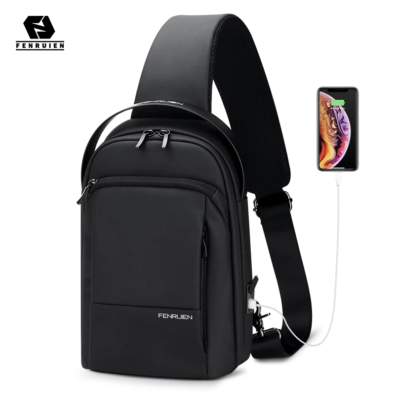 Fenruien New Sling bag Men's Casual Crossbody Bag Waterproof Chest Bag Lightweight Shoulder Messenger Bag with USB Charge