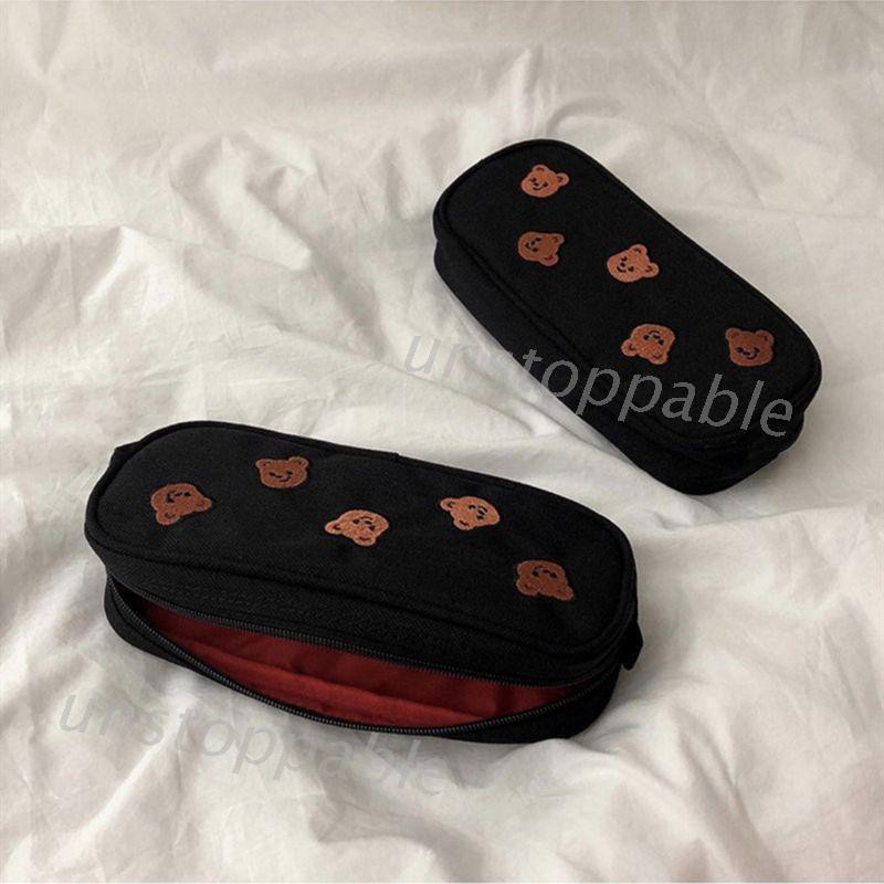 Bear Embroidery Canvas Pencil Bag Pen for Case Kids  Cosmetic Station