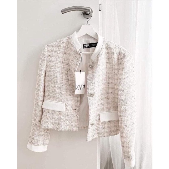 Áo blazer zara kẻ kem tweed tay trắng dáng ngắn cực xinh