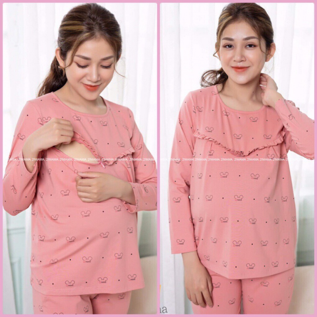 [HÀNG HÓT] Bộ Đồ Bầu Sau Sinh Dài Tay Kéo Khoá Ngang Cotton Cho Con Bú Siêu Đẹp