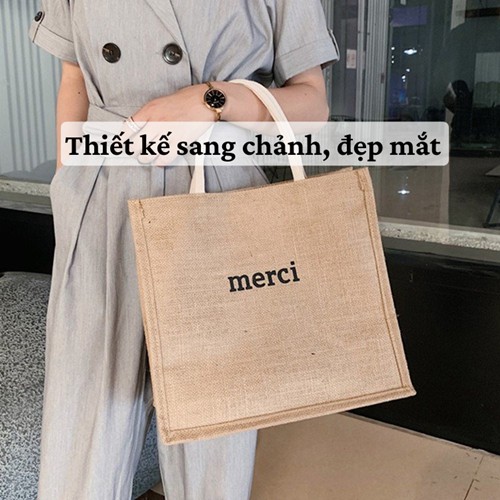 Túi cói 👜 Túi đi biển Merci phong cách vintage túi đựng đồ đi biển du lịch dày dặn có lót và khóa kéo bên trong | BigBuy360 - bigbuy360.vn