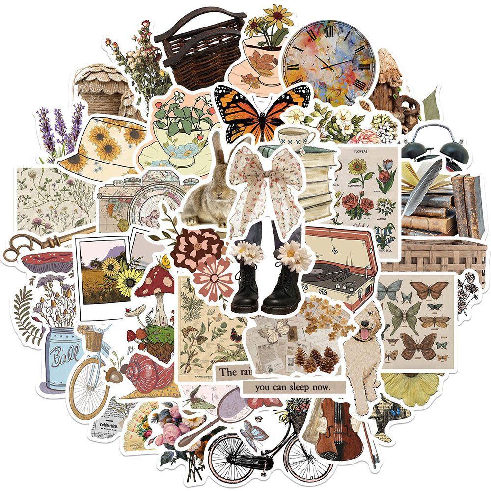 LANFY 50pcs/set Retro Vintage Stickers Repeatable Pasting DIY Scrapbooking Supplies Decorative Sticker Waterproof Cartoon For Suitcase Luggage Guitar Laptop Not Repeating Home Decoration