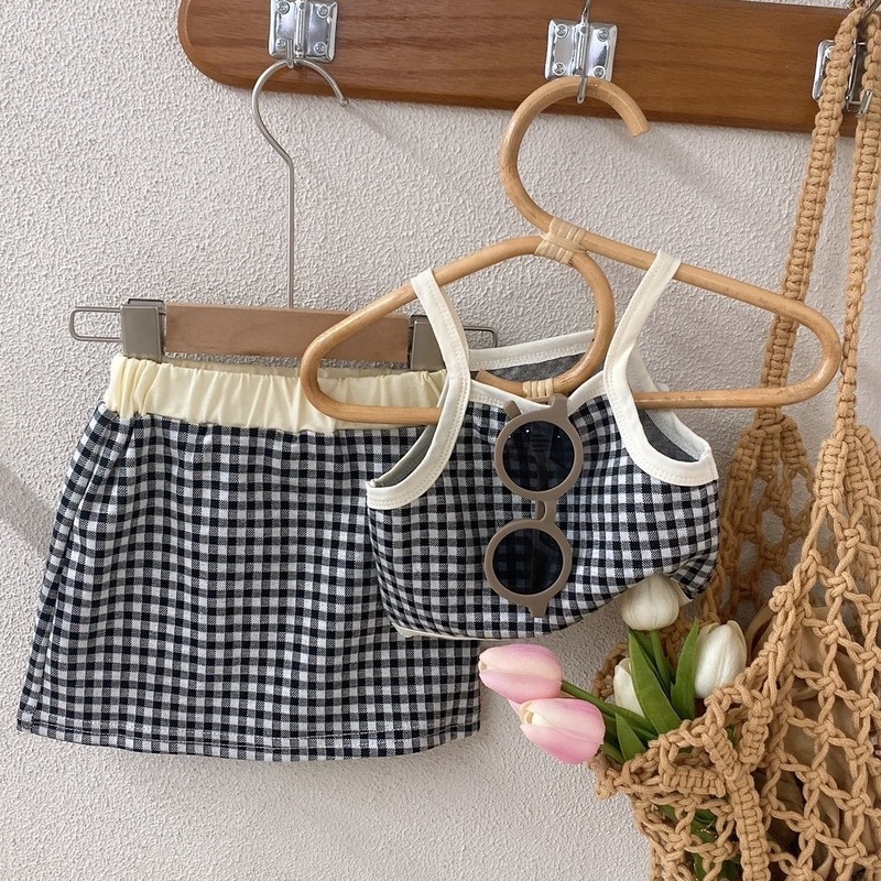 Set Áo Thun Ngắn Tay Cổ Tròn + Đầm Yếm Caro Thời Trang Hàn Cho Bé Gái