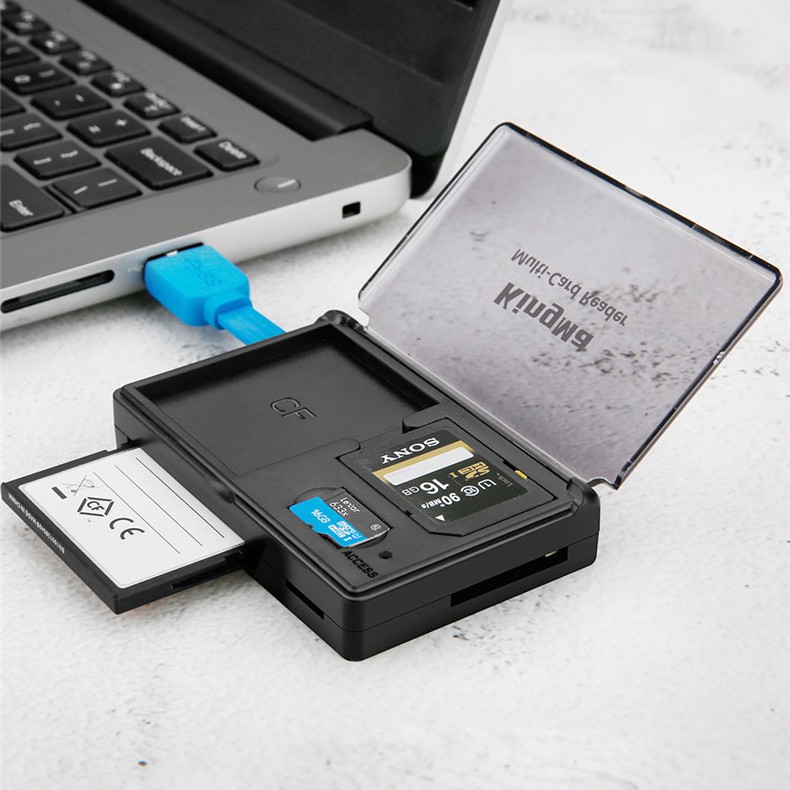 Đầu đọc thẻ nhớ SD,Micro SD,TF,CF cổng USB 3.0 có tích hợp hộp đựng thẻ hàng chính hãng Kingma