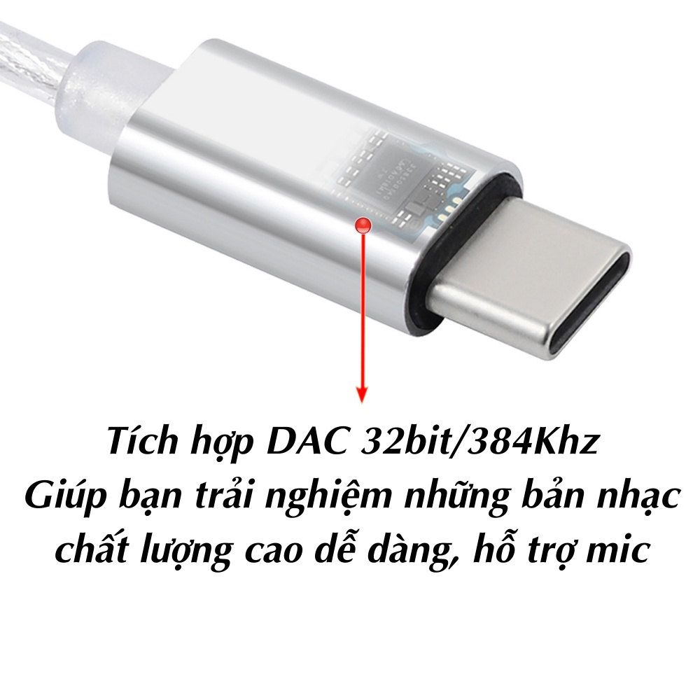 Cáp chuyển Faaeal typeC sang aux 3.5mm, dây mạ bạc, có DAC 32bit 384Khz