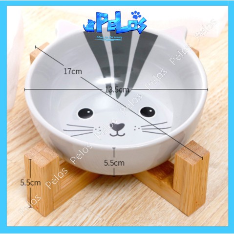 Bát ăn cho chó mèo, bát sứ hoạt hình kèm giá đỡ tre siêu đẹp – PeLos