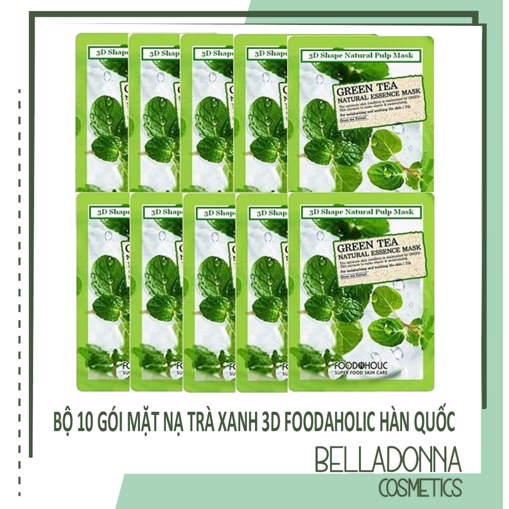 Bộ 10 Gói Mặt Nạ Chiết Xuất Trà Xanh 3d Foodaholic Green Tea Natural Essence Mask 23g X 10