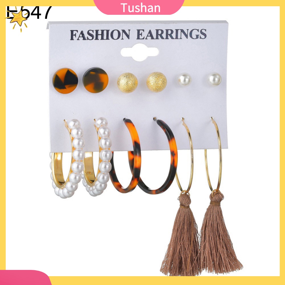 TUSH 6Pairs Women Faux Pearl Tassel Geometric Dangle Ear Studs Hoop Earrings Jewelry