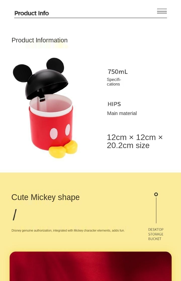 Miniso Thùng Rác Mini Hình Chuột Mickey Có Nắp Đậy Tiện Dụng Cho Gia Đình Ốp