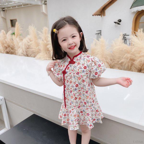 Đầm sườn xám hoạ tiết hoa phong cách Trung Hoa cho bé gái