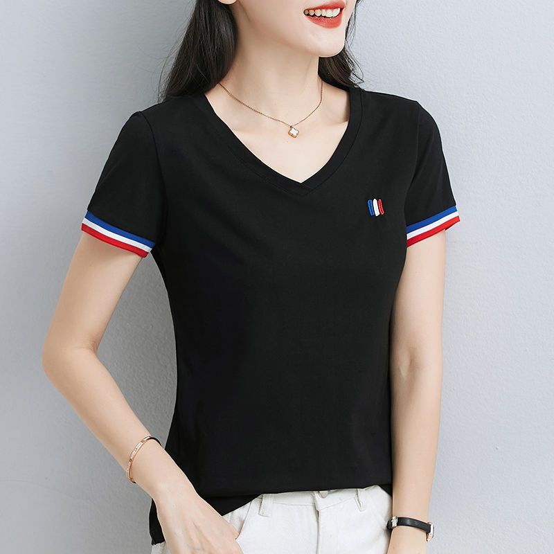Áo Thun Cotton Mỏng Tay Ngắn Cổ Chữ v Thêu Họa Tiết Thời Trang Mùa Hè Mới Cho Nữ