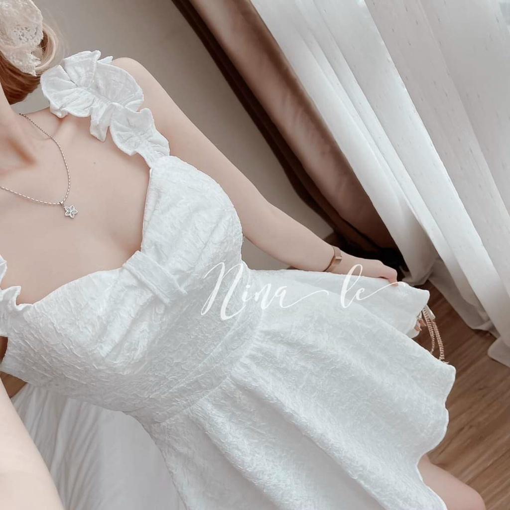 Váy đầm nữ xoè hai dây bèo vai kết nơ ngực  dễ thương
