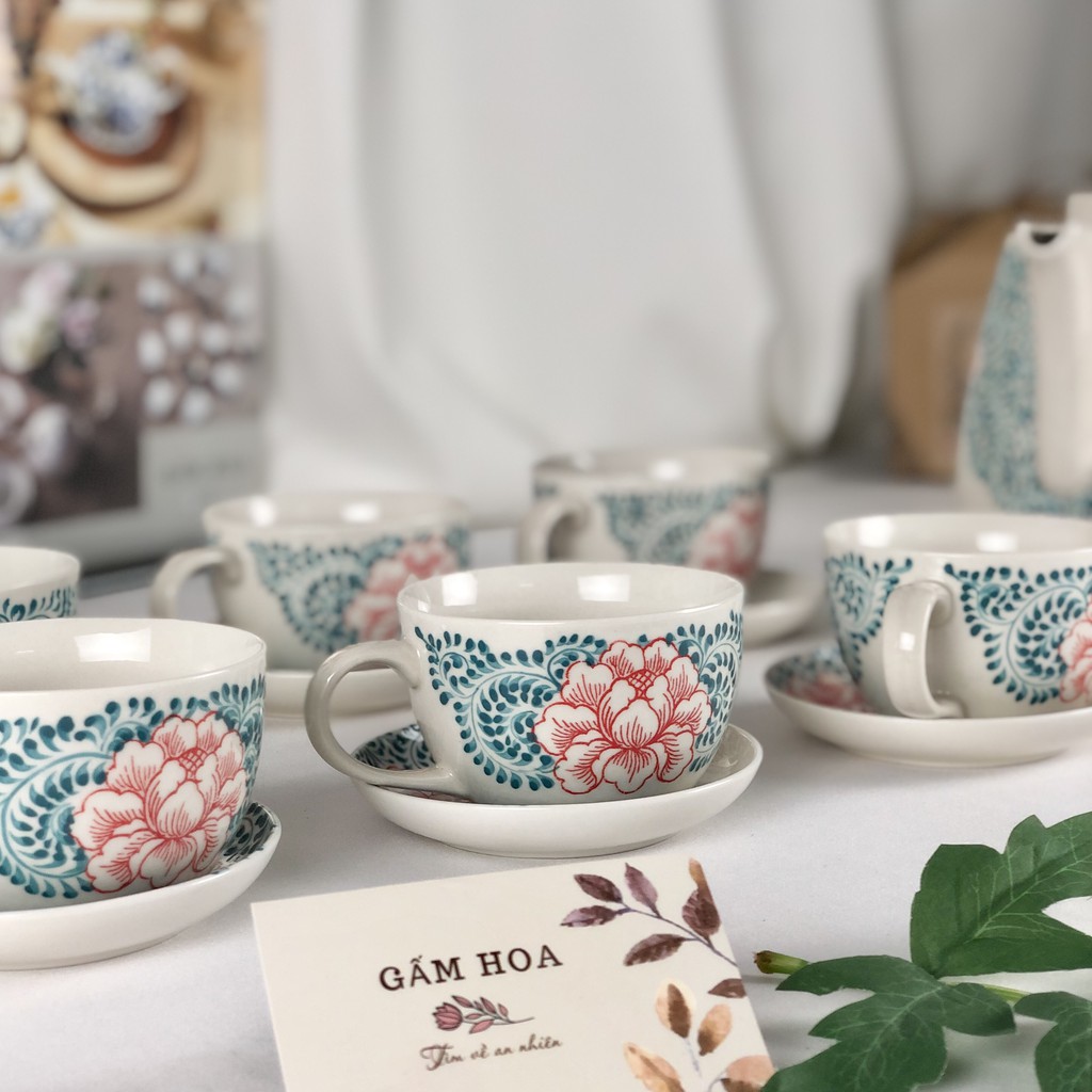 [GỐM NGHỆ NHÂN] Bộ ấm trà, ấm chén uống trà, ly, tách hoa Phù Dung dáng cao vẽ tay tinh sảo, quà tặng ý nghĩa