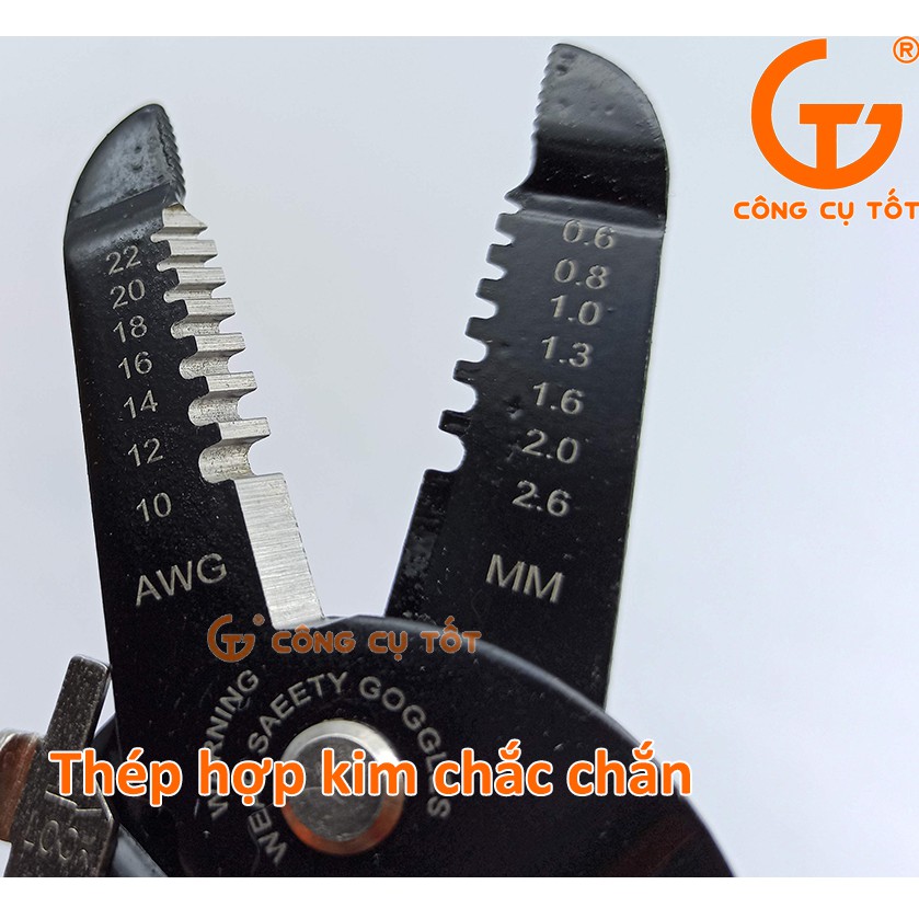 Kìm cắt tuốt dây điện 7 răng lõi Ø0.6 - 2.6mm dài 175mm có khóa an toàn