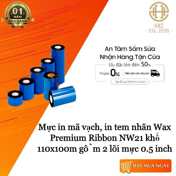 Mực in mã vạch, in tem nhãn Wax Premium Ribbon NW21 khổ 110x100m gồm 2 lõi mực 0.5 inch
