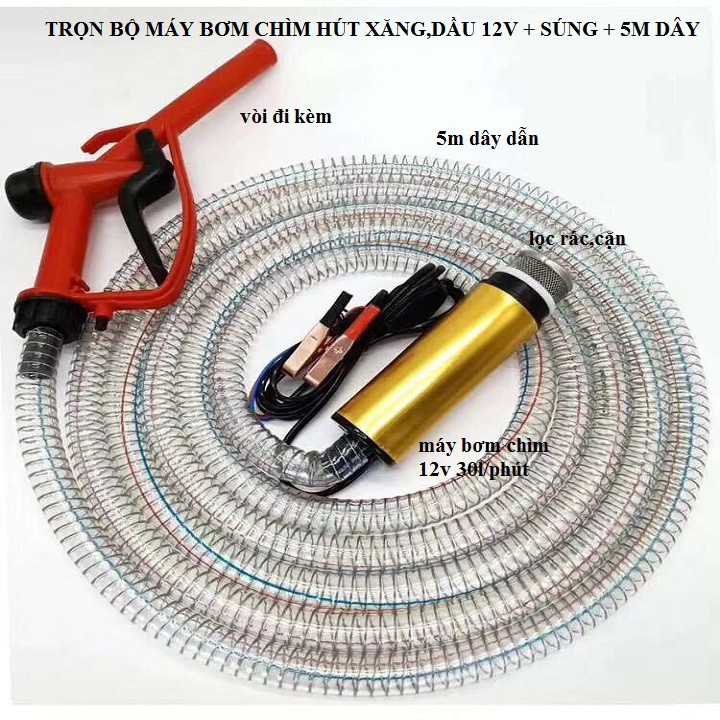 máy bơm chìm mini 12v - bộ máy bơm nước ,hút dầu,xăng mini 12V kèm 5m dây + lọc rác + vòi