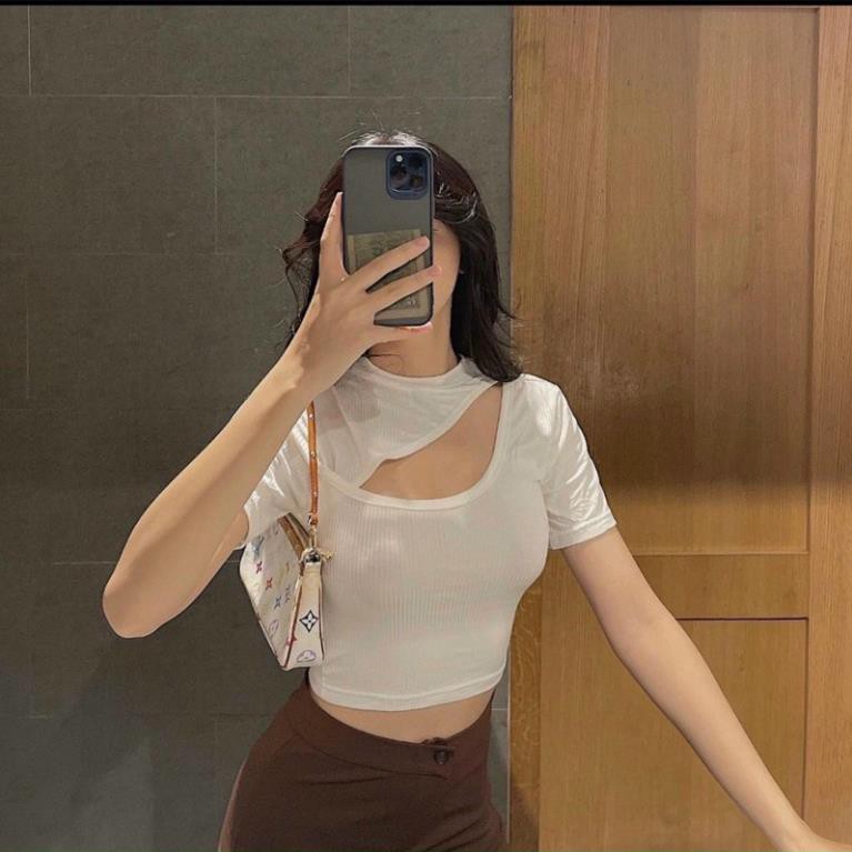 Áo Croptop Khoét Vai Chéo Sexy Ngắn Tay Thun Gân Đen Trắng Xanh Xám Tím DRACR139