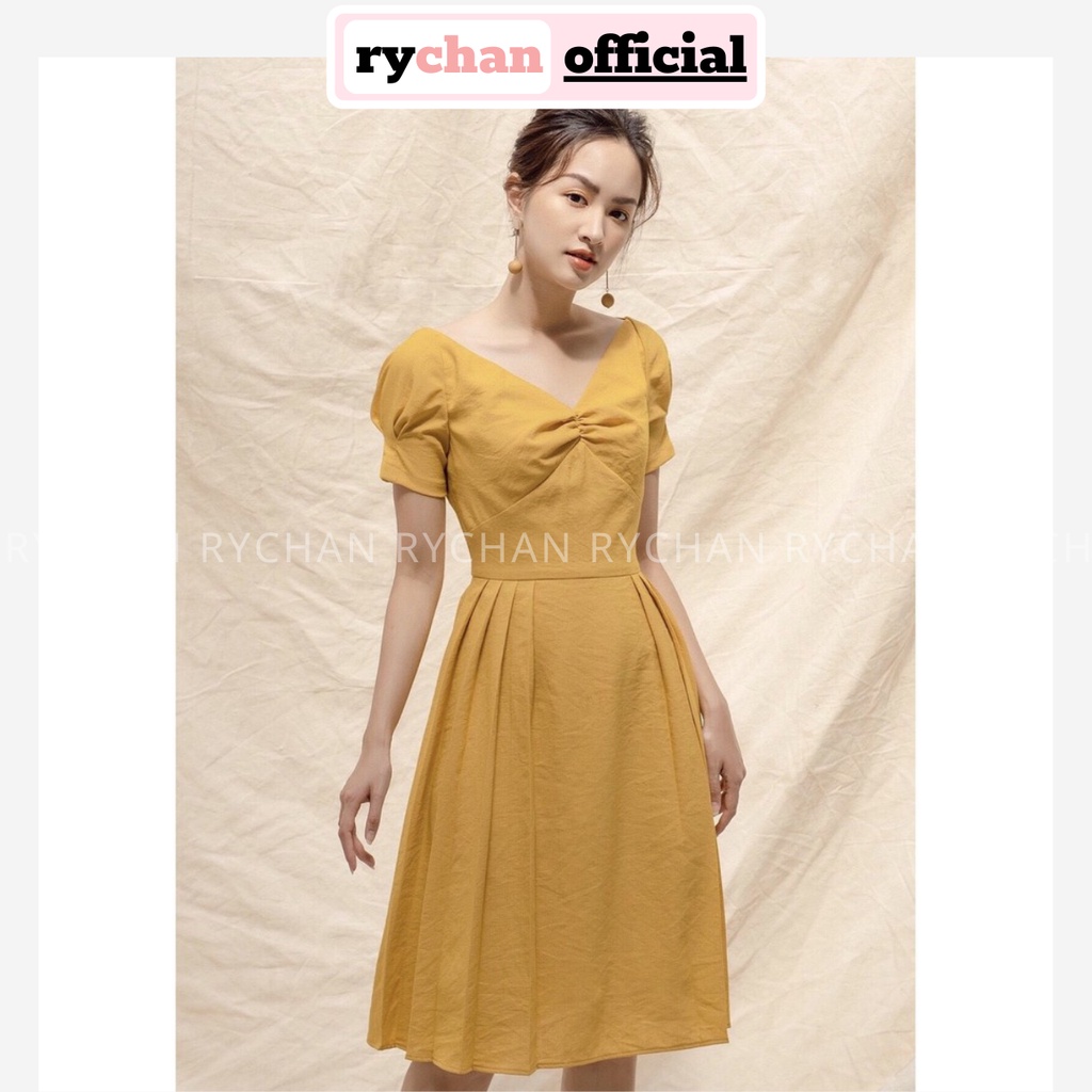 DX268 - Đầm Xòe Vàng Nhún Ngực Phối Dập Ly