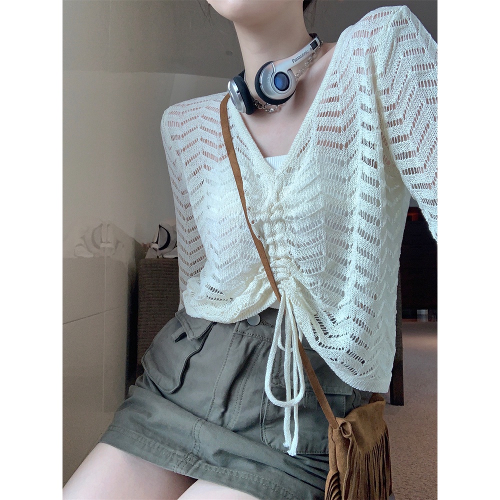 【ZHELIHANGFEI】Áo Dệt Kim Chống Nắng Lưng Cao Phối Dây Rút Trẻ Trung Quyến Rũ Dành Cho Nữ