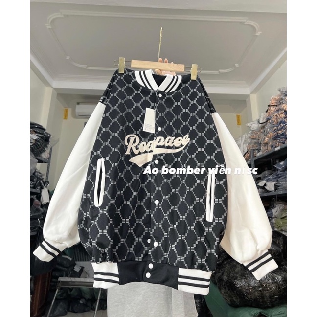 Varsity jacket bomber nỉ phối viền hoạ tiết thân ( Có ảnh thật )