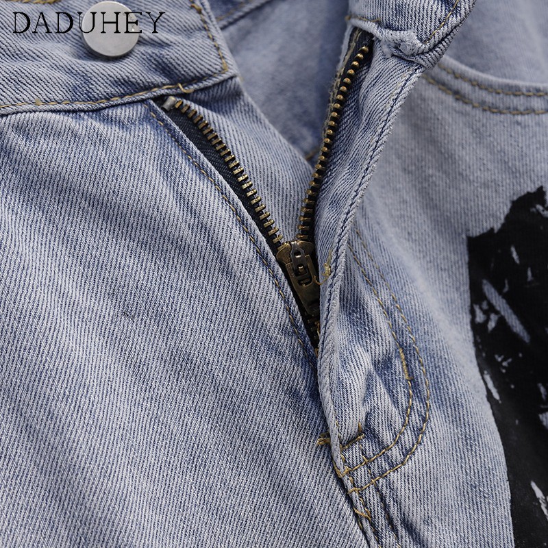 Quần dài jean nữ ống rộng in hình mặt cười cá tính