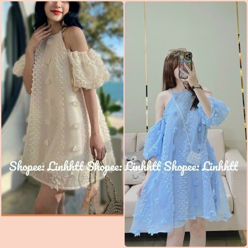 (Ưu Đãi Freeship)Đầm hoa nổi thiết kế khoét vai cổ yếm,đầm đi biển chất xô lông cao cấp,bầu bí bon chen hàng chuẩn shop