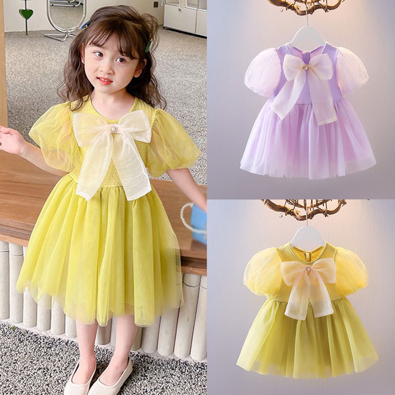 Đầm Công Chúa Tay Phồng Phối Ren Thắt Nơ Cho Bé Gái