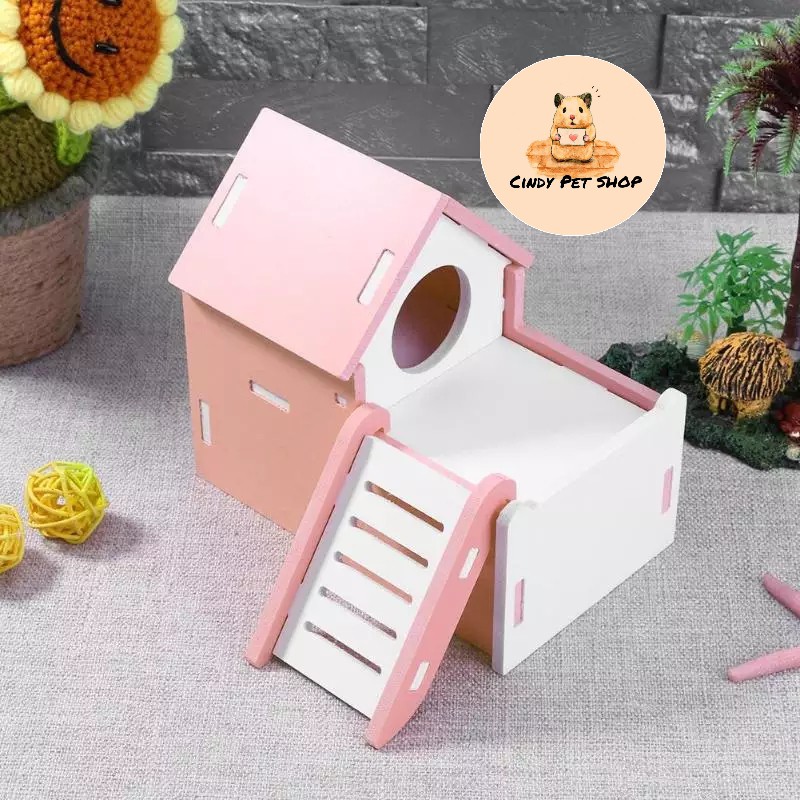 Nhà ngủ gỗ lắp ráp 2 tầng cho Hamster thiết kế đơn giản nhẹ nhàng