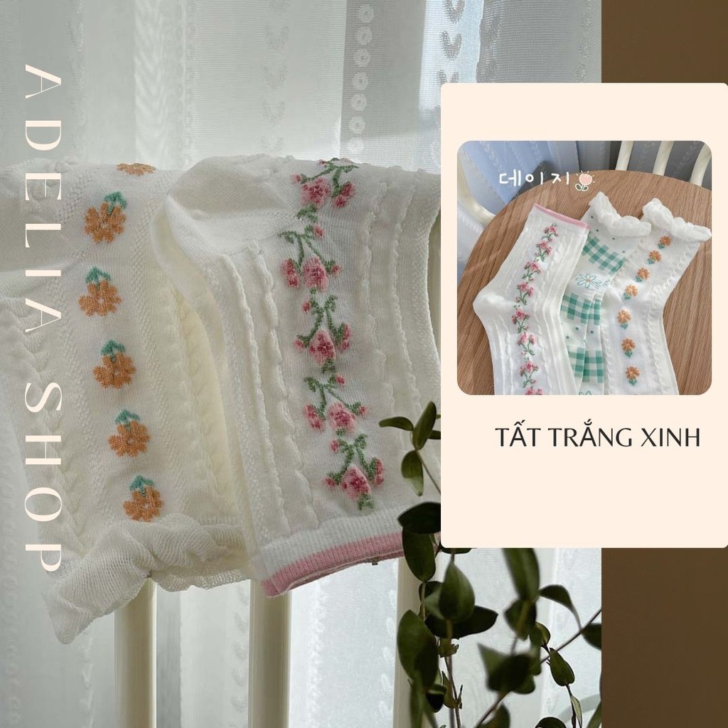 Tất Bèo Nữ Cổ Cao Thêu Hoa Phong Cách Vintage Nhẹ Nhàng
